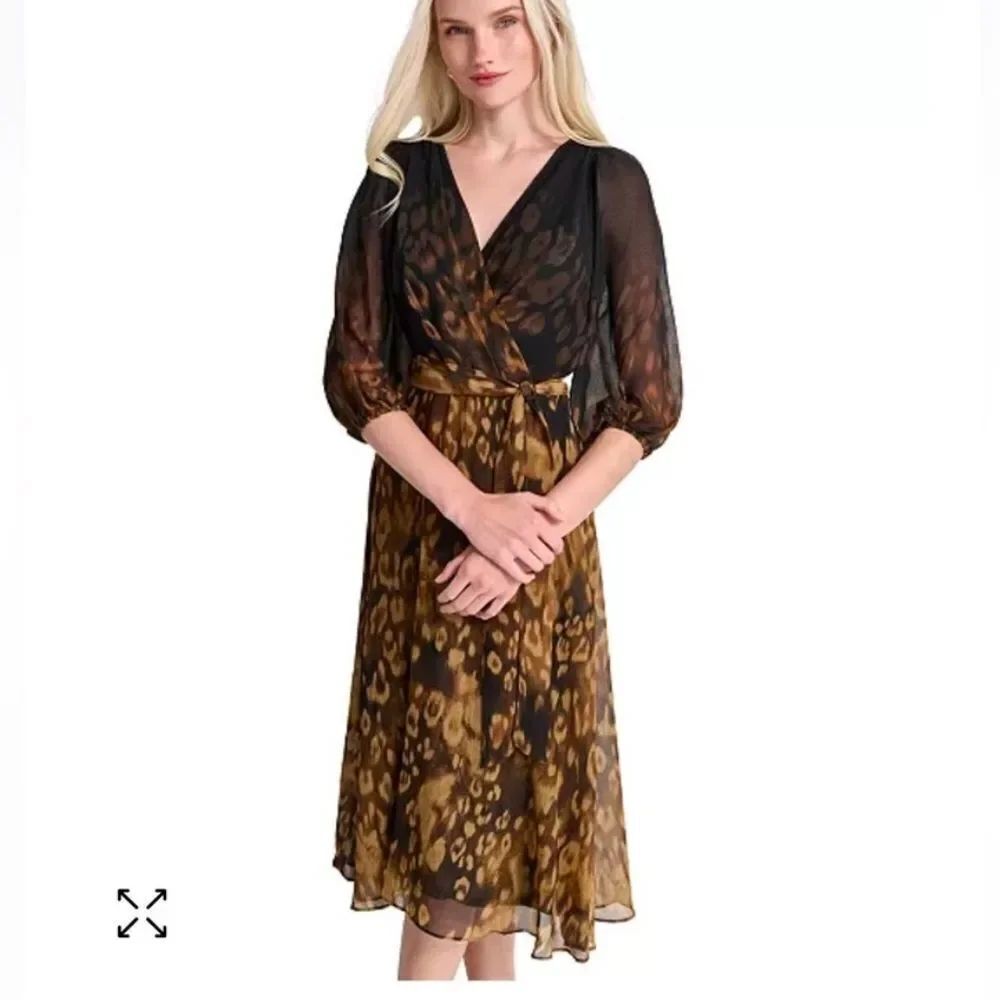 DKNY | NEW! Ombré Animal Print Black Tan Midi Dress Women’s Size 4